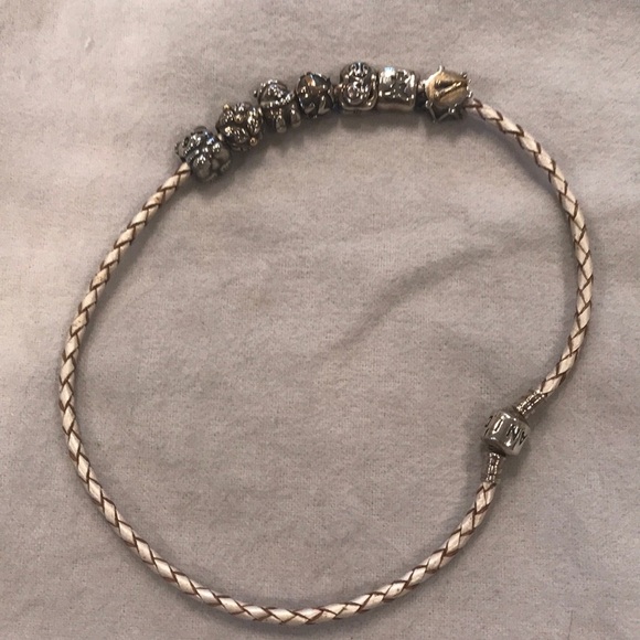 Pandora Leather Bracelet with Seven Charms - Picture 1 of 8